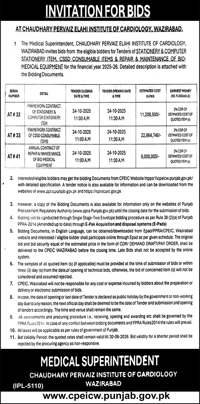 Chaudhary Pervaiz Institute of Cardiology Wazirabad Tender Notice